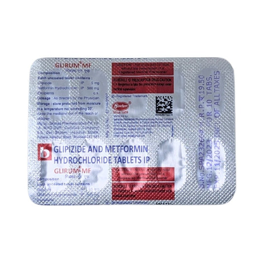 GLIRUM MF - Strip of 10 Glipizide 5 MG + Metformin 500 MG Tablets for Type 2 Diabetes