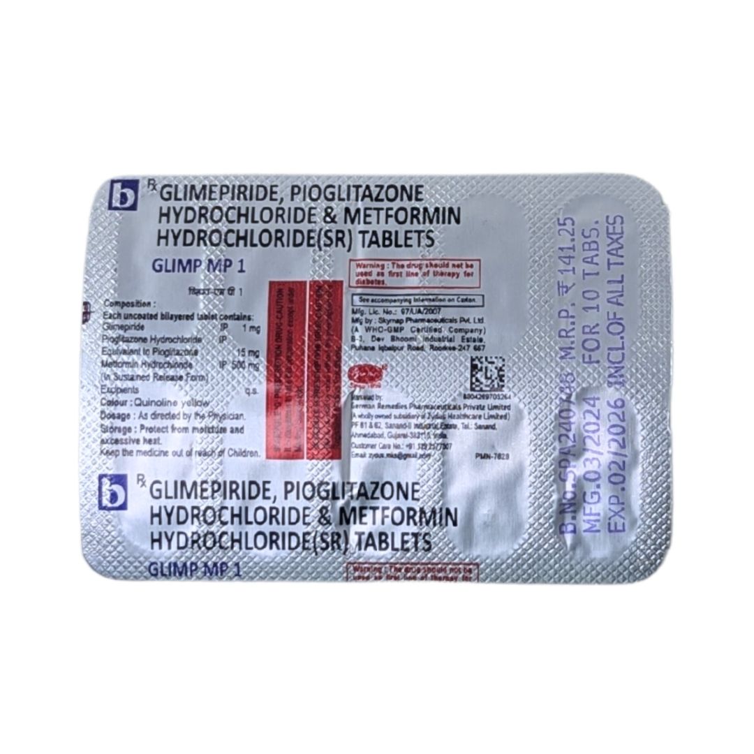 GLIMP MP1 - Strip of 10 Glimepiride 1 MG + Pioglitazone 15 MG + Metformin 500 MG Tablets for Type 2 Diabetes
