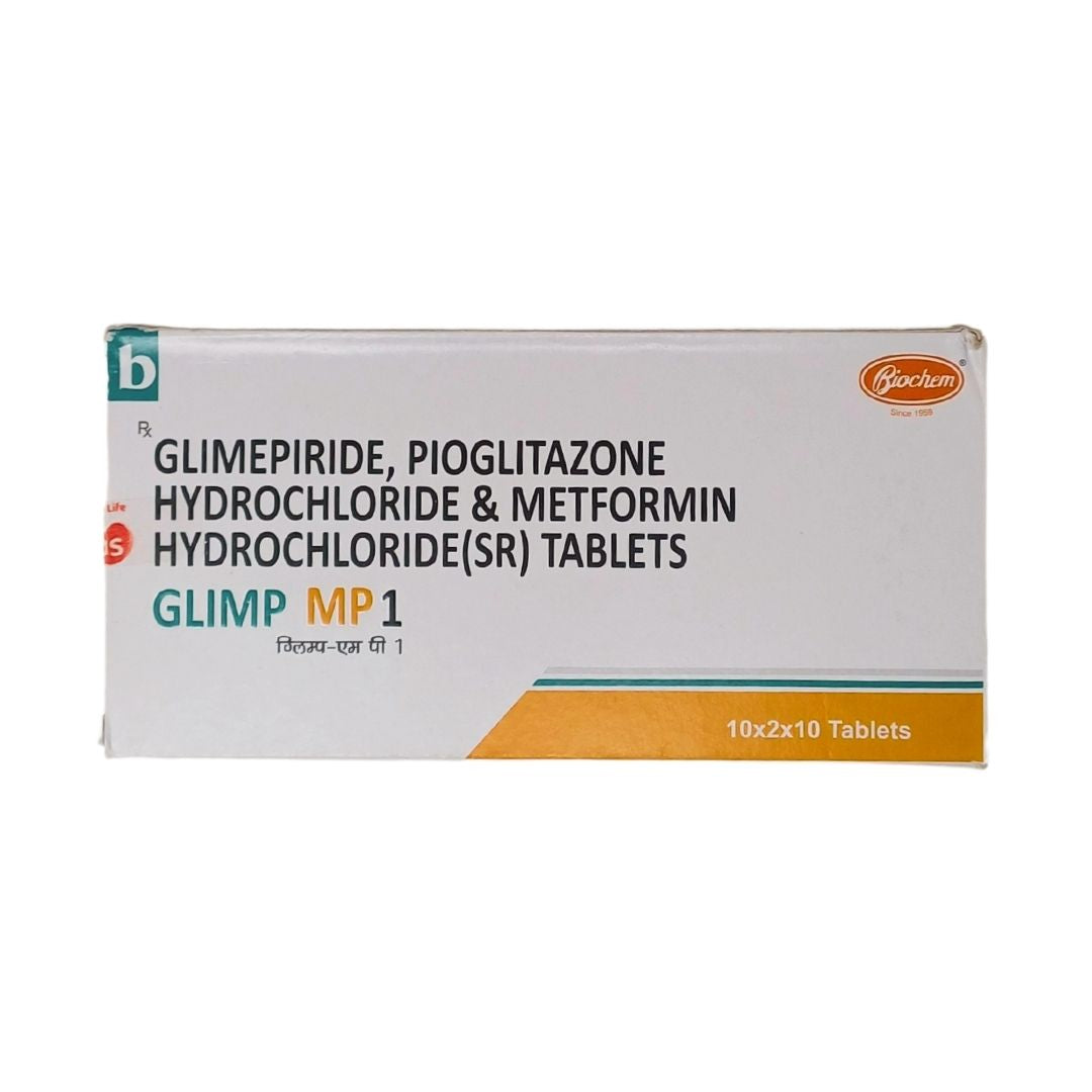 GLIMP MP1 - Strip of 10 Glimepiride 1 MG + Pioglitazone 15 MG + Metformin 500 MG Tablets for Type 2 Diabetes
