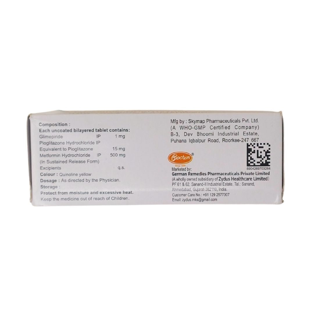 GLIMP MP1 - Strip of 10 Glimepiride 1 MG + Pioglitazone 15 MG + Metformin 500 MG Tablets for Type 2 Diabetes