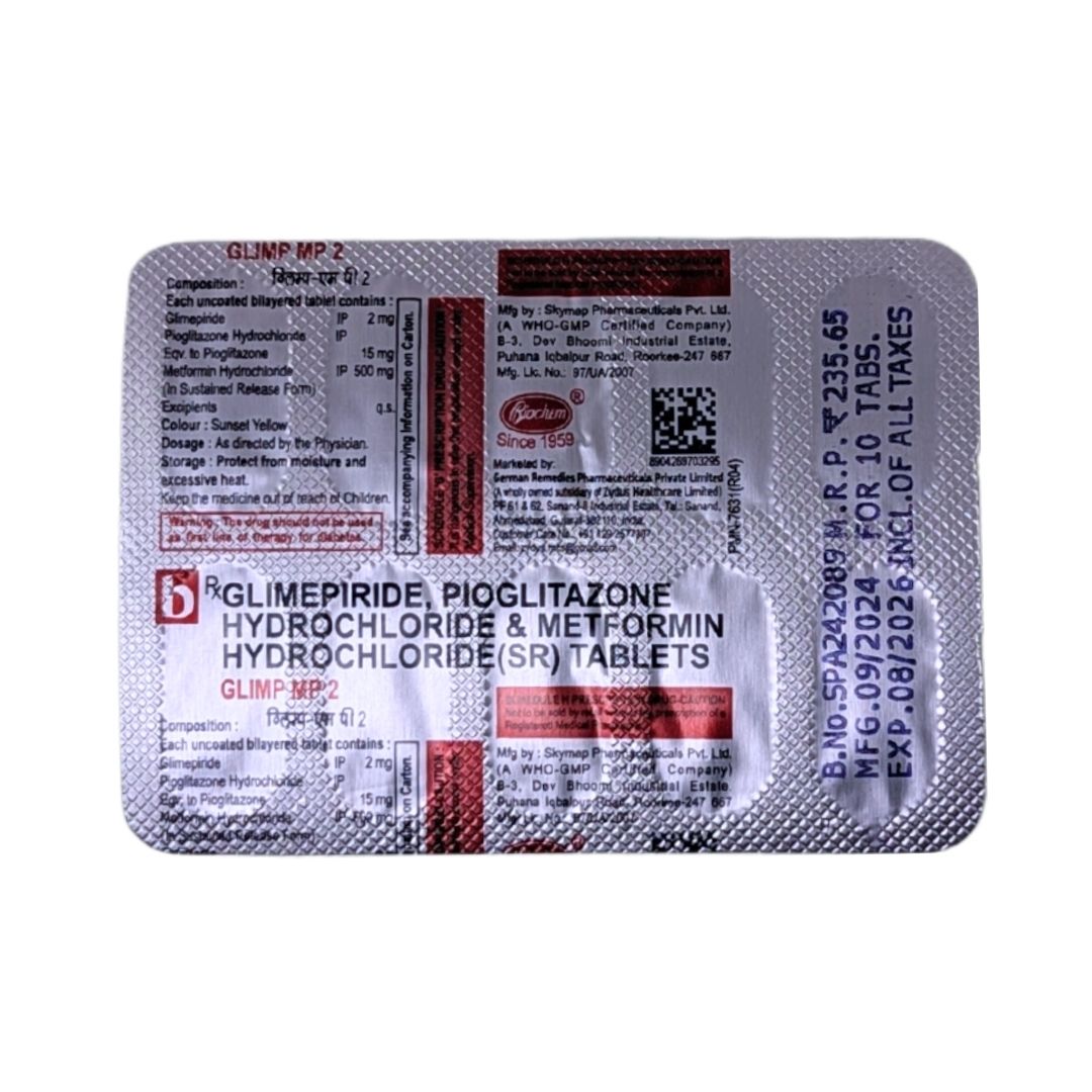 GLIMP MP2 - Strip of 10 Glimepiride 2 MG + Pioglitazone 15 MG + Metformin 500 MG Tablets for Type 2 Diabetes