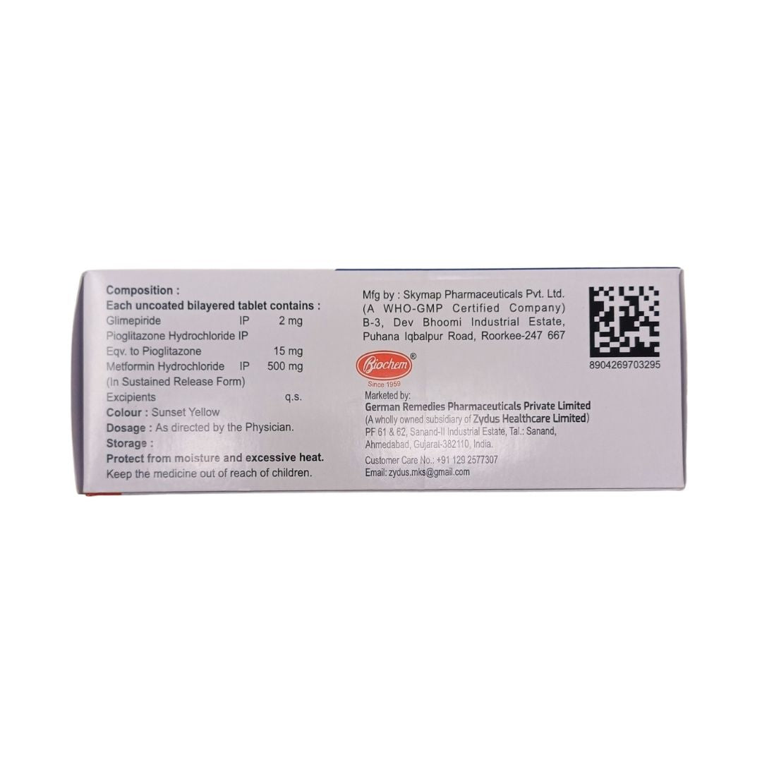 GLIMP MP2 - Strip of 10 Glimepiride 2 MG + Pioglitazone 15 MG + Metformin 500 MG Tablets for Type 2 Diabetes