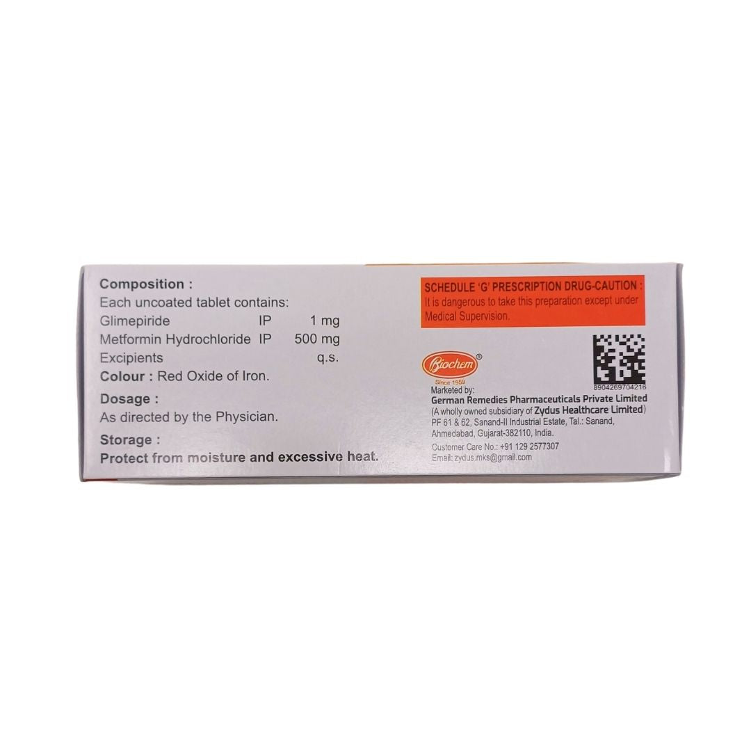 GLIMP M1 - Strip of 10 Glimepiride 1 MG + Metformin 500 MG Tablets for Type 2 Diabetes