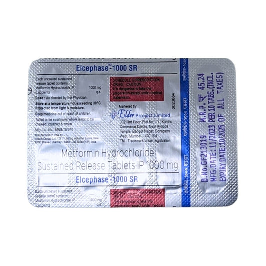 ELCEPHASE SR 1000 - Strip of 10 Metformin 1000 MG Tablets for Type 2 Diabetes