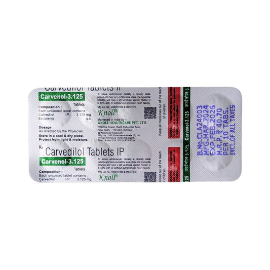 CARVENOL 3.125 - Strip of 10 Carvedilol 3.125 MG Tablets for Hypertension