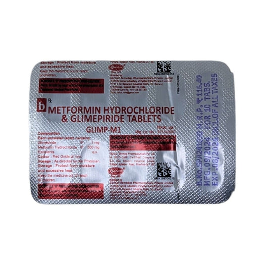 GLIMP M1 - Strip of 10 Glimepiride 1 MG + Metformin 500 MG Tablets for Type 2 Diabetes