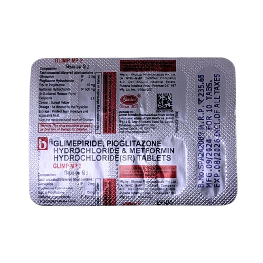 GLIMP MP2 - Strip of 10 Glimepiride 2 MG + Pioglitazone 15 MG + Metformin 500 MG Tablets for Type 2 Diabetes