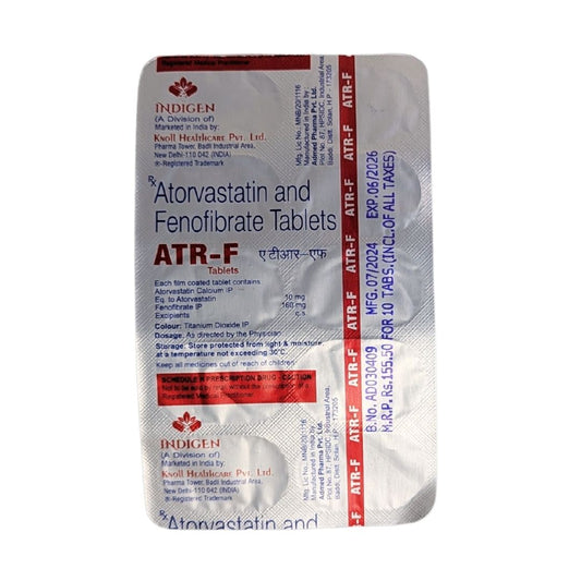 ATR-F - Strip of 10 Atorvastatin 10 MG + Fenofibrate 160 MG Tablets for Cholesterol Lowering