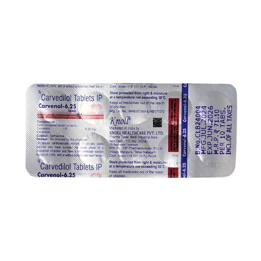 CARVENOL 6.25 - Strip of 10 Carvedilol 6.25 MG Tablets for Hypertension